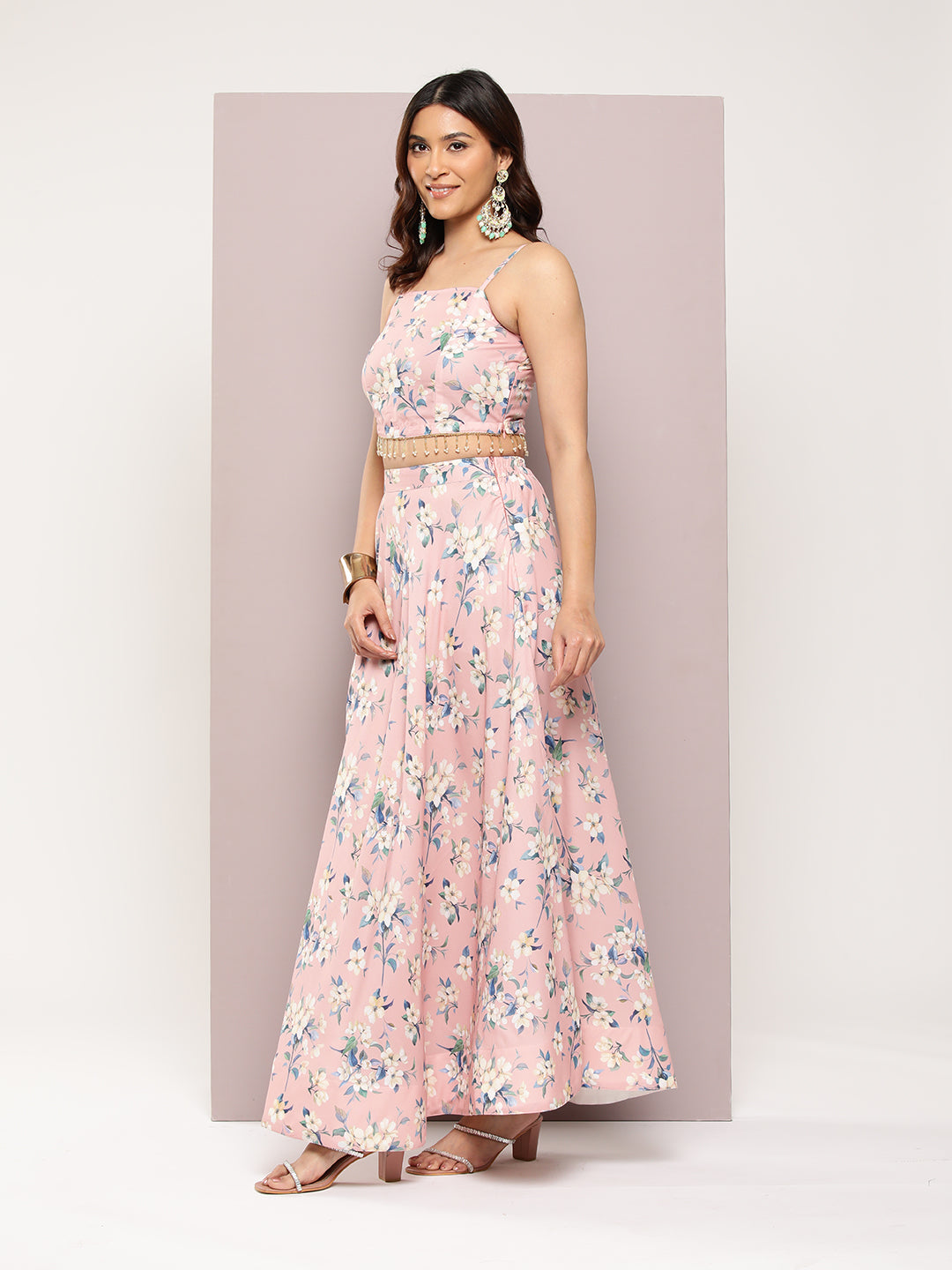 Jompers Women's Crystal Beads Work Printed Lehenga choli with dupatta - Peach | Grocsy