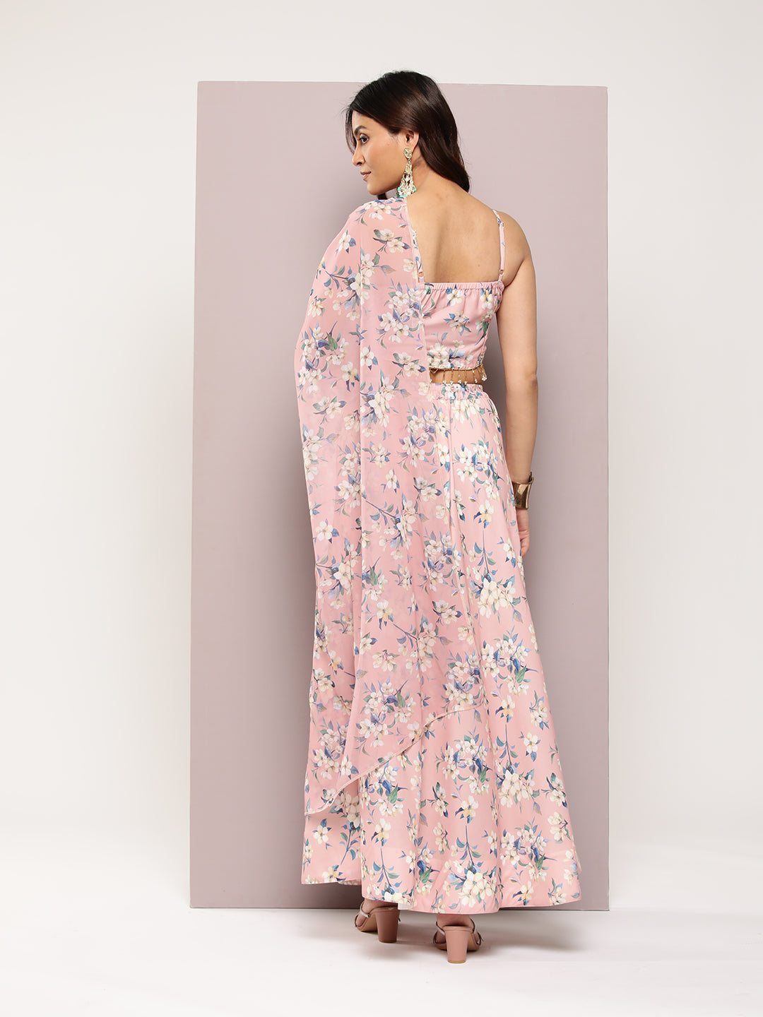 Jompers Women's Crystal Beads Work Printed Lehenga choli with dupatta - Peach | Grocsy