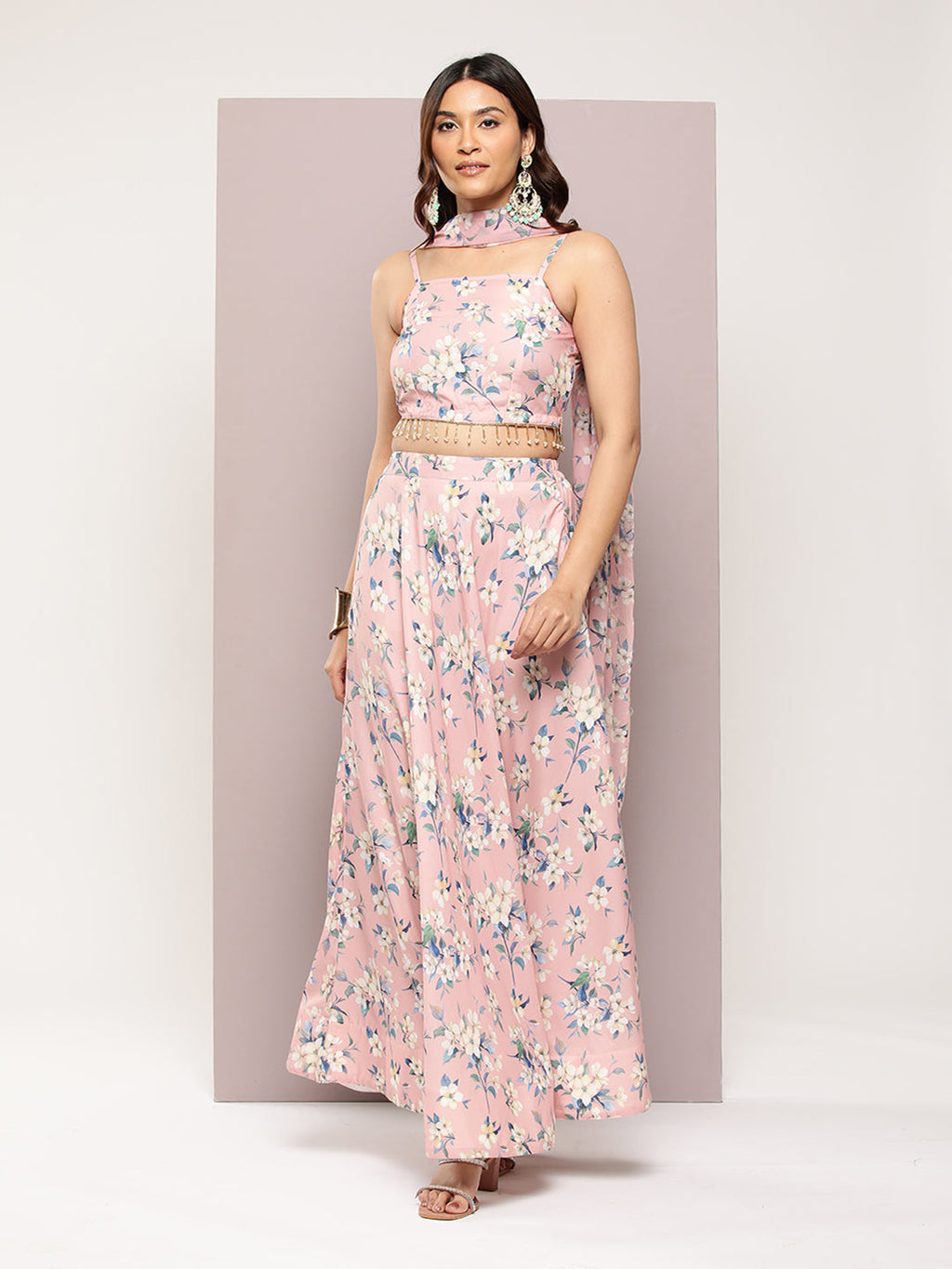 Jompers Women's Crystal Beads Work Printed Lehenga choli with dupatta - Peach | Grocsy