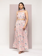 Jompers Women's Crystal Beads Work Printed Lehenga choli with dupatta - Peach | Grocsy