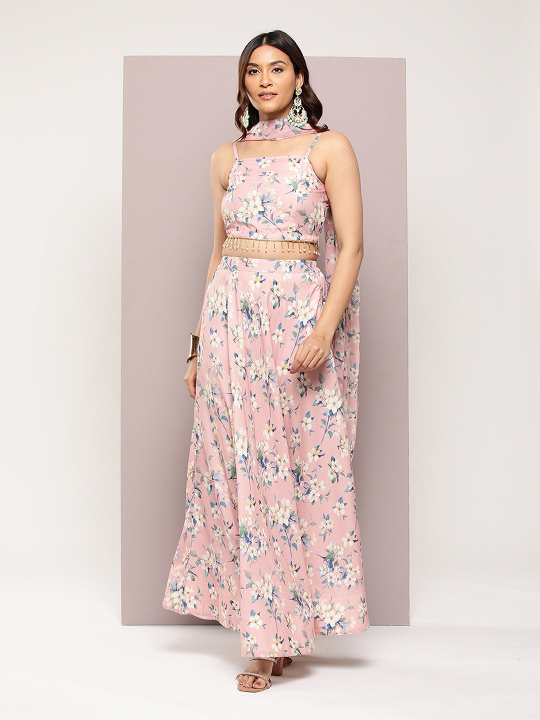 Jompers Women's Crystal Beads Work Printed Lehenga choli with dupatta - Peach | Grocsy