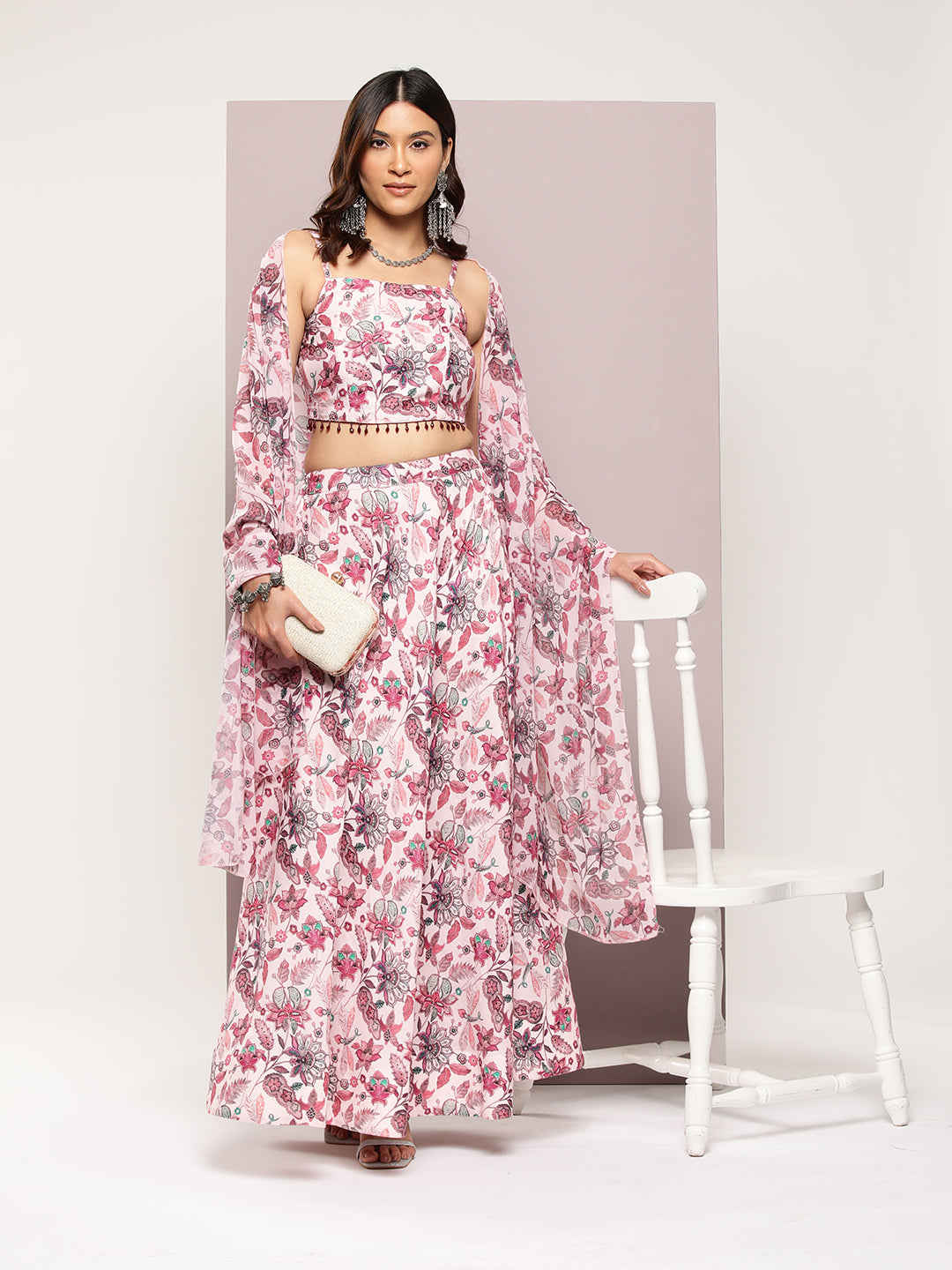 Jompers Women's Crystal Beads Work Printed Lehenga choli with dupatta - Pink | Grocsy