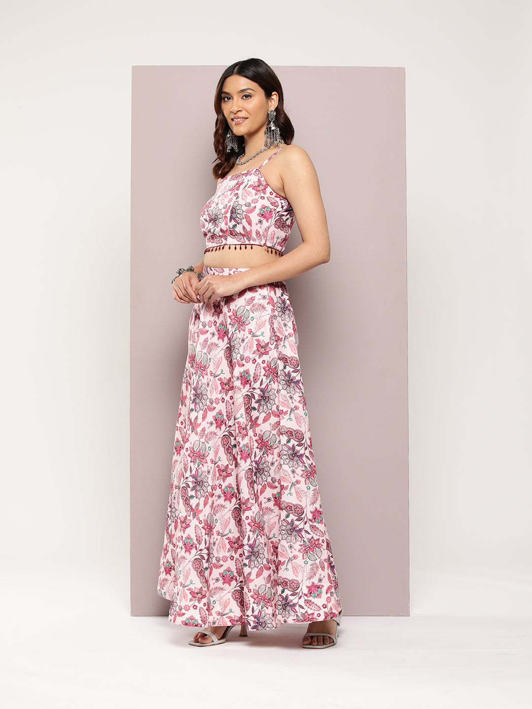 Jompers Women's Crystal Beads Work Printed Lehenga choli with dupatta - Pink | Grocsy