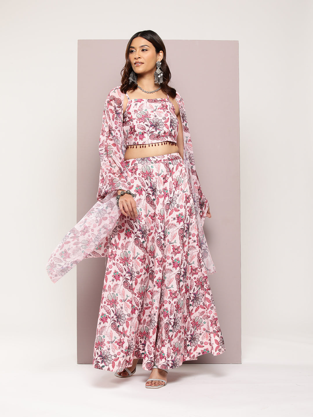 Jompers Women's Crystal Beads Work Printed Lehenga choli with dupatta - Pink | Grocsy