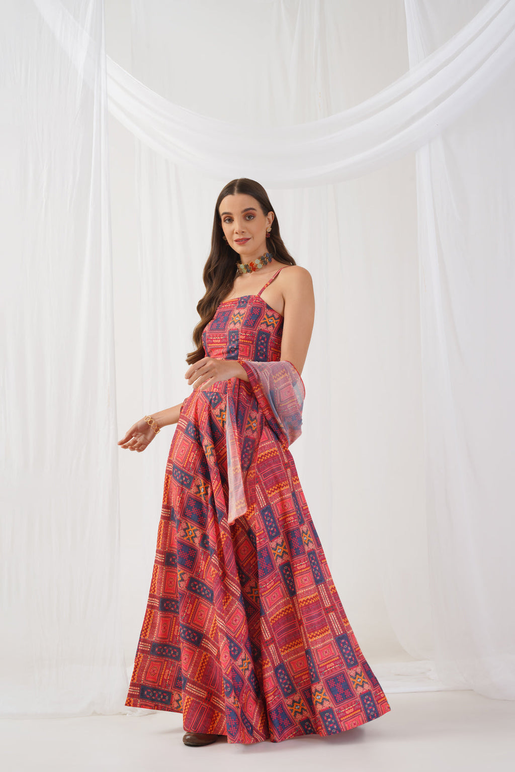 Jompers Women's Red Printed Beads & Stones Ready to Wear Lehenga & Blouse With Dupatta | Grocsy