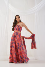 Jompers Women's Red Printed Beads & Stones Ready to Wear Lehenga & Blouse With Dupatta | Grocsy