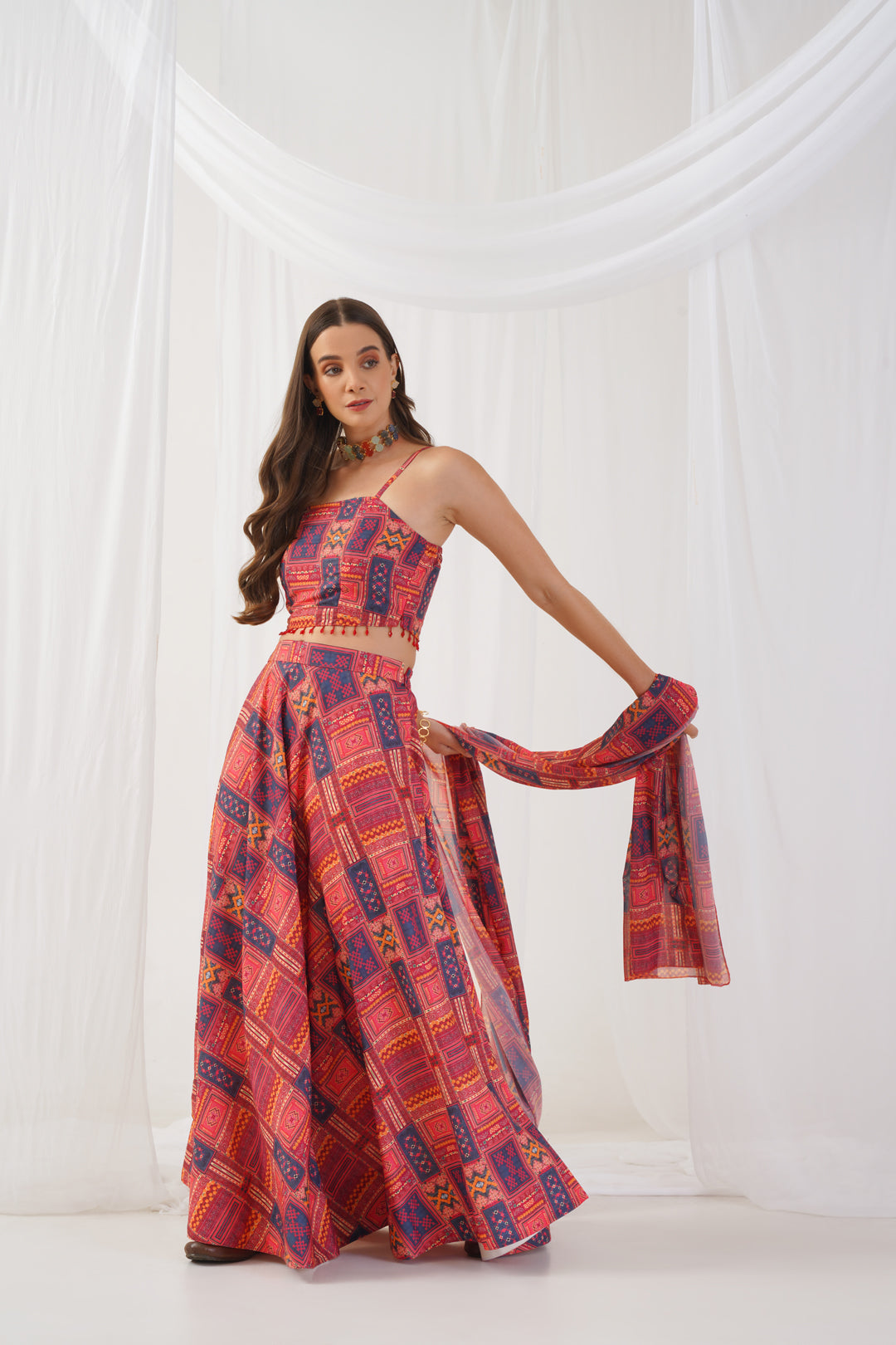 Jompers Women's Red Printed Beads & Stones Ready to Wear Lehenga & Blouse With Dupatta | Grocsy