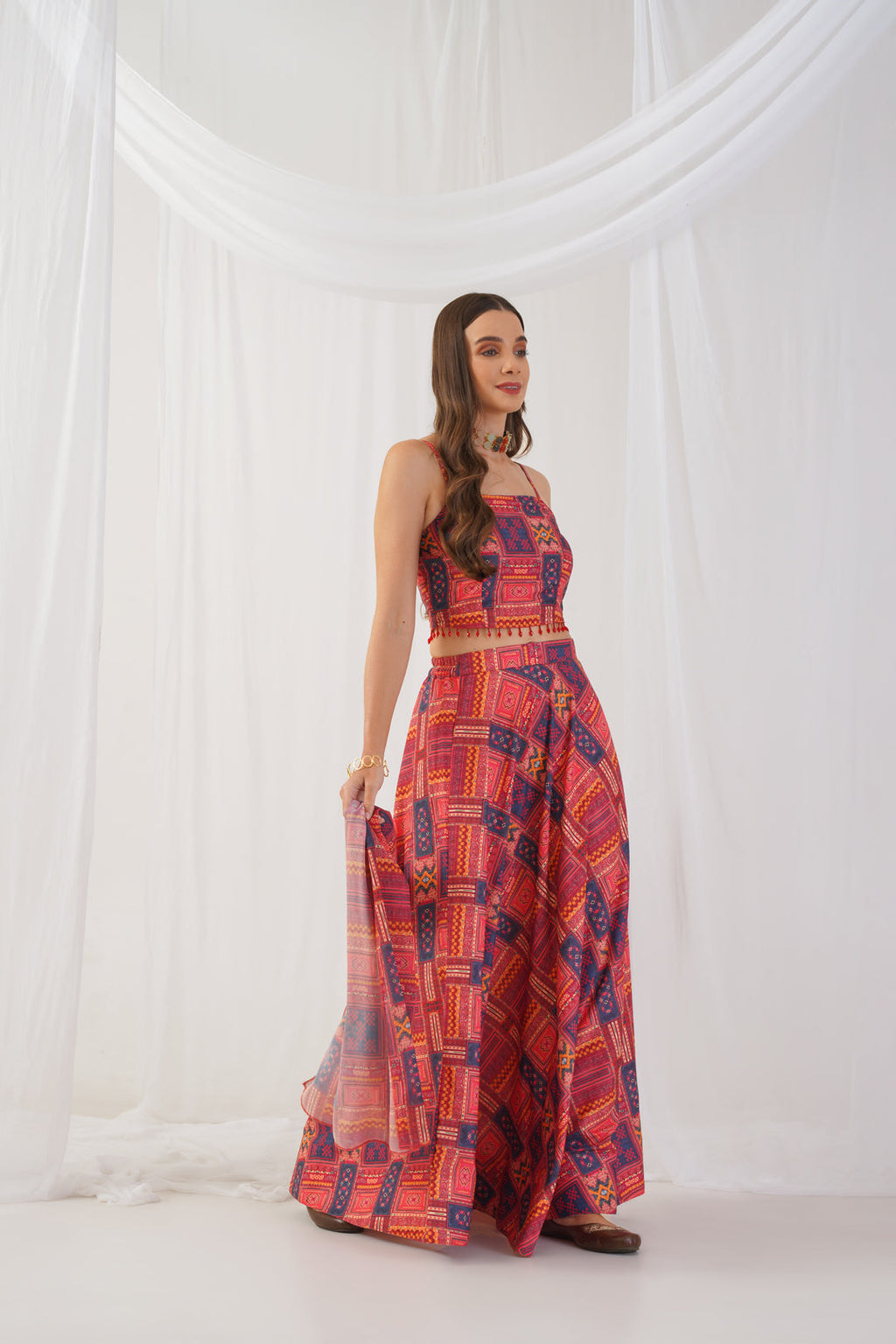Jompers Women's Red Printed Beads & Stones Ready to Wear Lehenga & Blouse With Dupatta | Grocsy