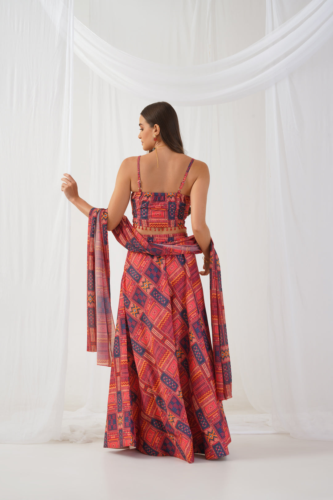 Jompers Women's Red Printed Beads & Stones Ready to Wear Lehenga & Blouse With Dupatta | Grocsy