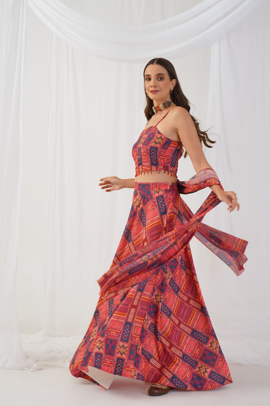 Jompers Women's Red Printed Beads & Stones Ready to Wear Lehenga & Blouse With Dupatta | Grocsy