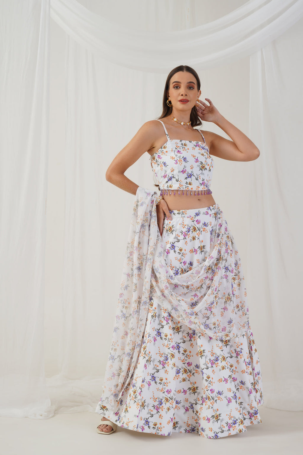 Jompers Women's White Printed Beads & Stones Ready to Wear Lehenga & Blouse With Dupatta | Grocsy
