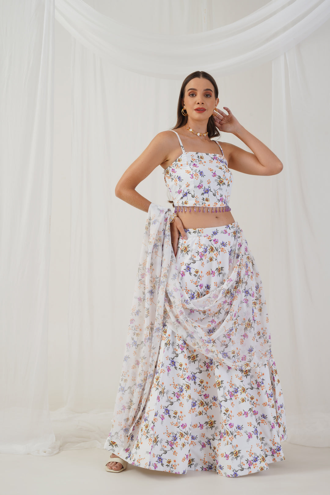 Jompers Women's White Printed Beads & Stones Ready to Wear Lehenga & Blouse With Dupatta | Grocsy