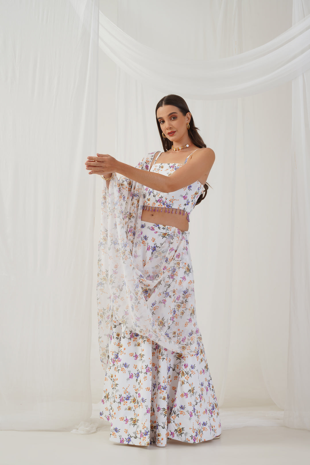 Jompers Women's White Printed Beads & Stones Ready to Wear Lehenga & Blouse With Dupatta | Grocsy