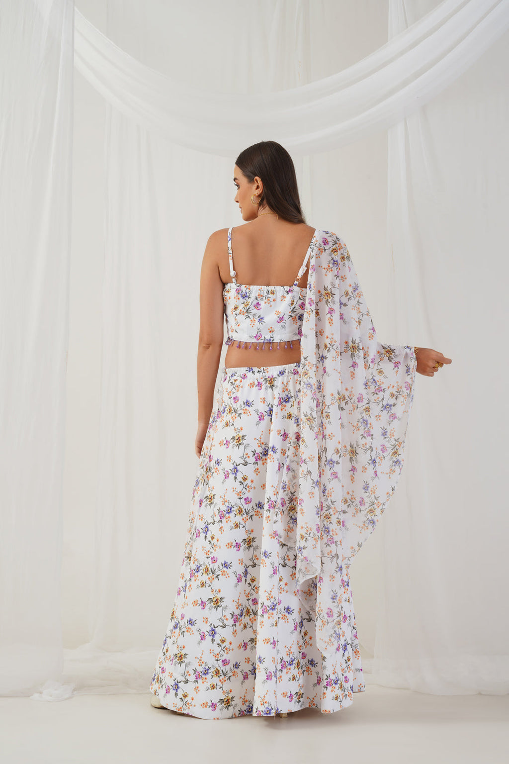 Jompers Women's White Printed Beads & Stones Ready to Wear Lehenga & Blouse With Dupatta | Grocsy
