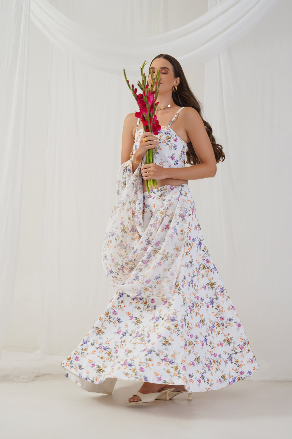 Jompers Women's White Printed Beads & Stones Ready to Wear Lehenga & Blouse With Dupatta | Grocsy