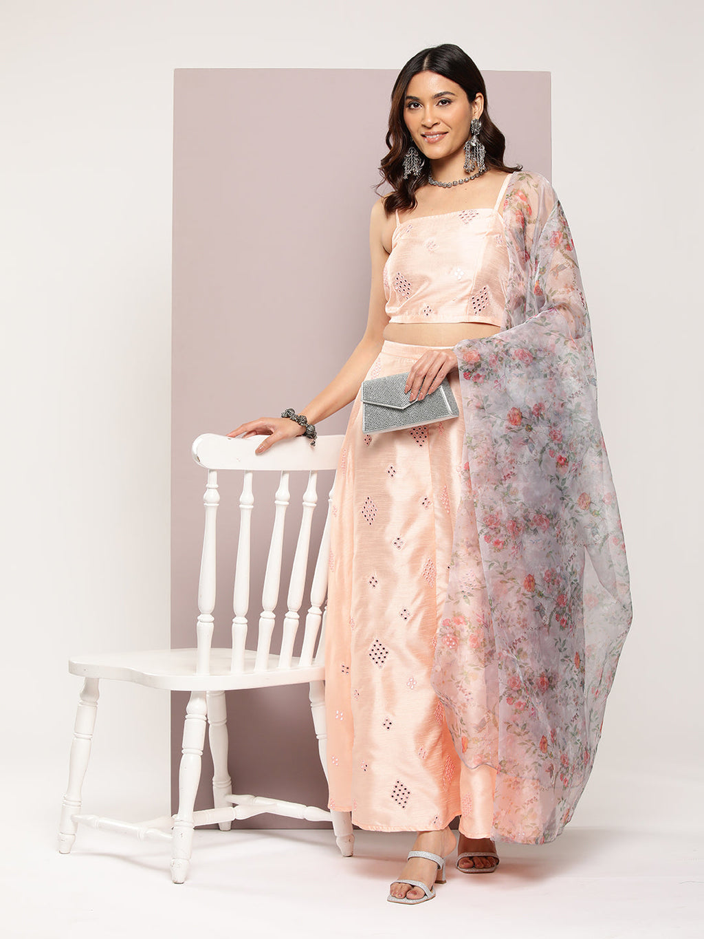 Jompers Women's Mirror Work Lehenga Choli With printed Organza dupatta - Peach | Grocsy
