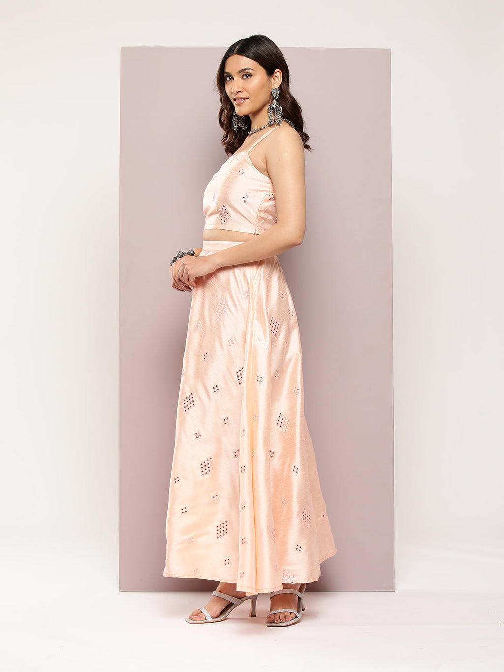 Jompers Women's Mirror Work Lehenga Choli With printed Organza dupatta - Peach | Grocsy