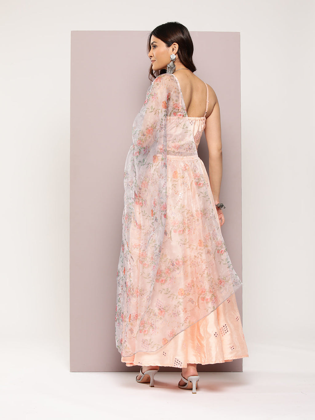 Jompers Women's Mirror Work Lehenga Choli With printed Organza dupatta - Peach | Grocsy