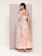 Jompers Women's Mirror Work Lehenga Choli With printed Organza dupatta - Peach | Grocsy