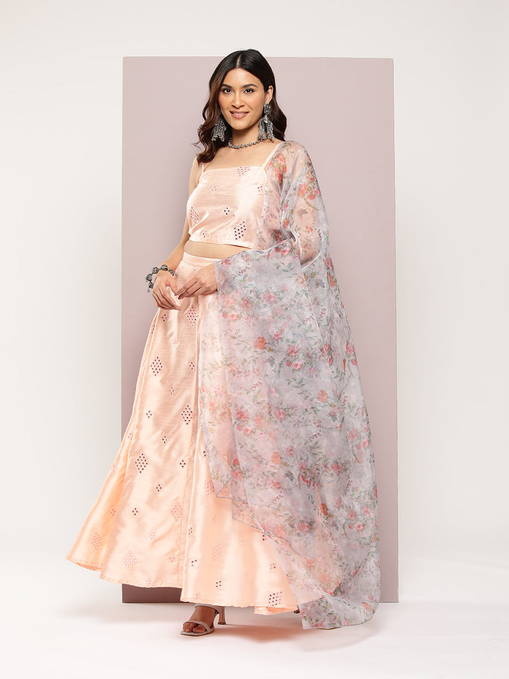 Jompers Women's Mirror Work Lehenga Choli With printed Organza dupatta - Peach | Grocsy