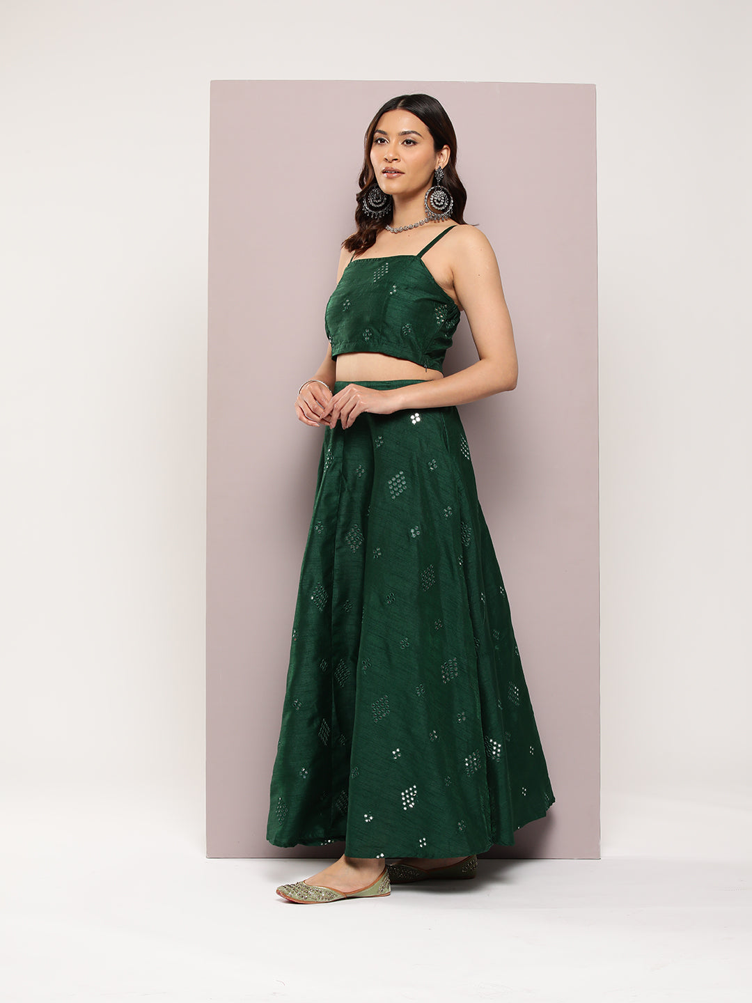 Jompers Women's Mirror Work Lehenga Choli With printed Organza dupatta - Green | Grocsy
