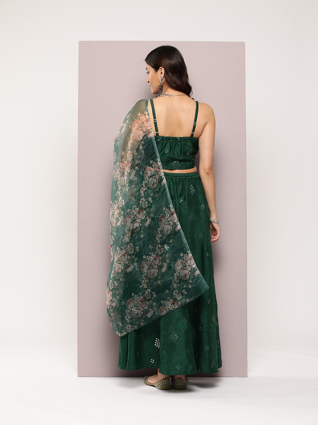 Jompers Women's Mirror Work Lehenga Choli With printed Organza dupatta - Green | Grocsy