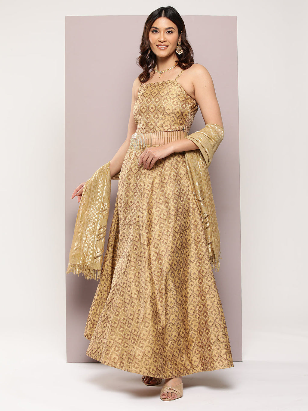 Jompers Women's Cutdana emblished Jacqard Lehenga Choli with dupatta - Golden | Grocsy