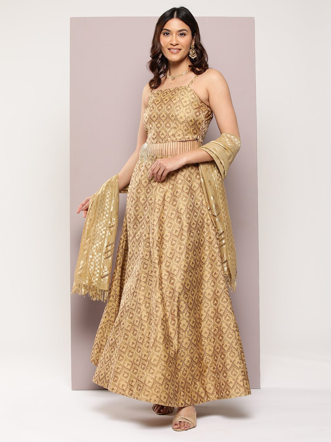 Jompers Women's Cutdana emblished Jacqard Lehenga Choli with dupatta - Golden | Grocsy