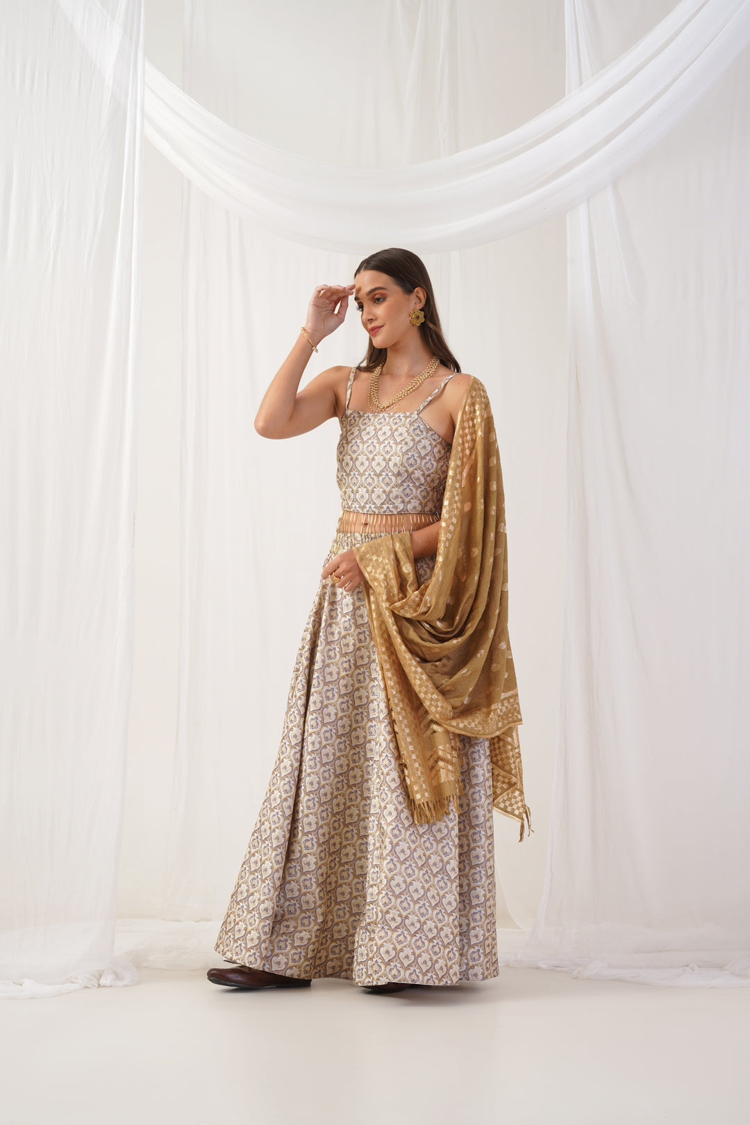 Jompers Women's Ivory Jacquard Beads & Stones Ready to Wear Lehenga & Blouse With Dupatta | Grocsy