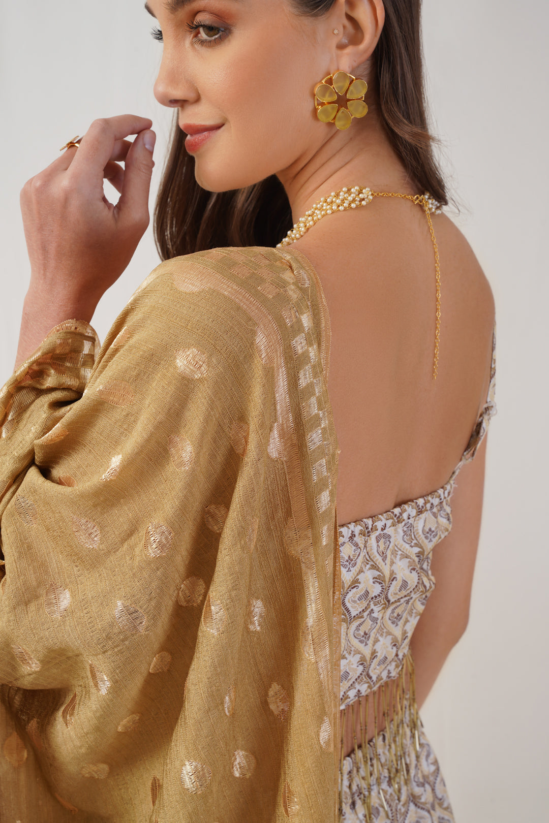 Jompers Women's Ivory Jacquard Beads & Stones Ready to Wear Lehenga & Blouse With Dupatta | Grocsy