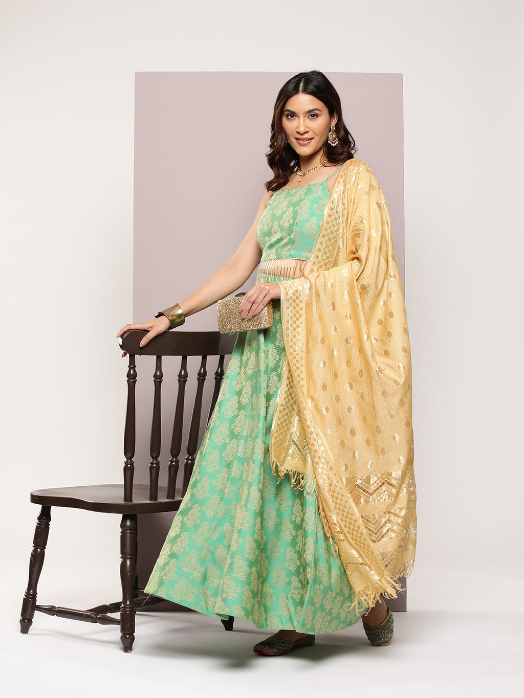 Jompers Women's Cutdana emblished Jacqard Lehenga Choli with dupatta - Green | Grocsy