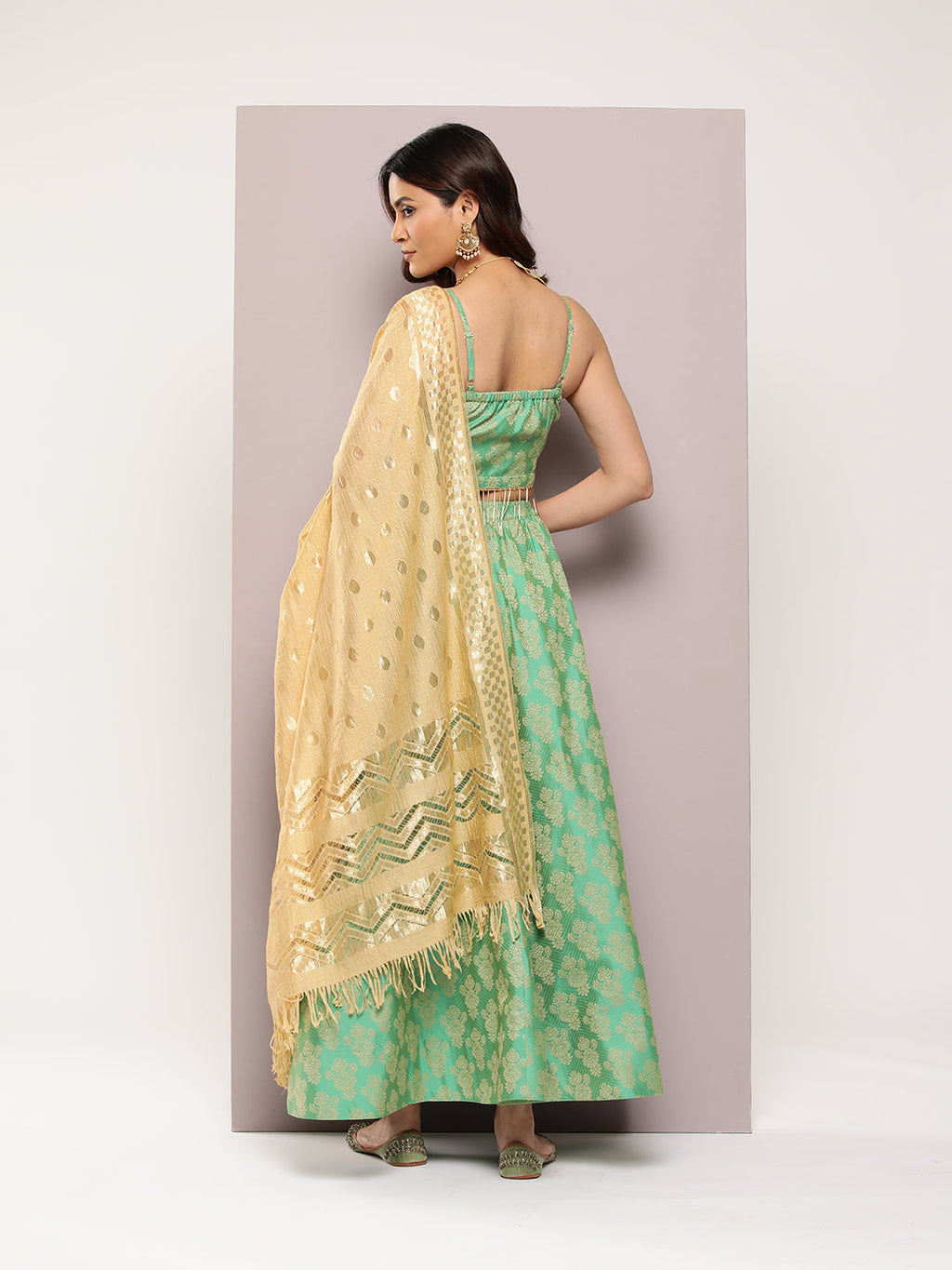 Jompers Women's Cutdana emblished Jacqard Lehenga Choli with dupatta - Green | Grocsy