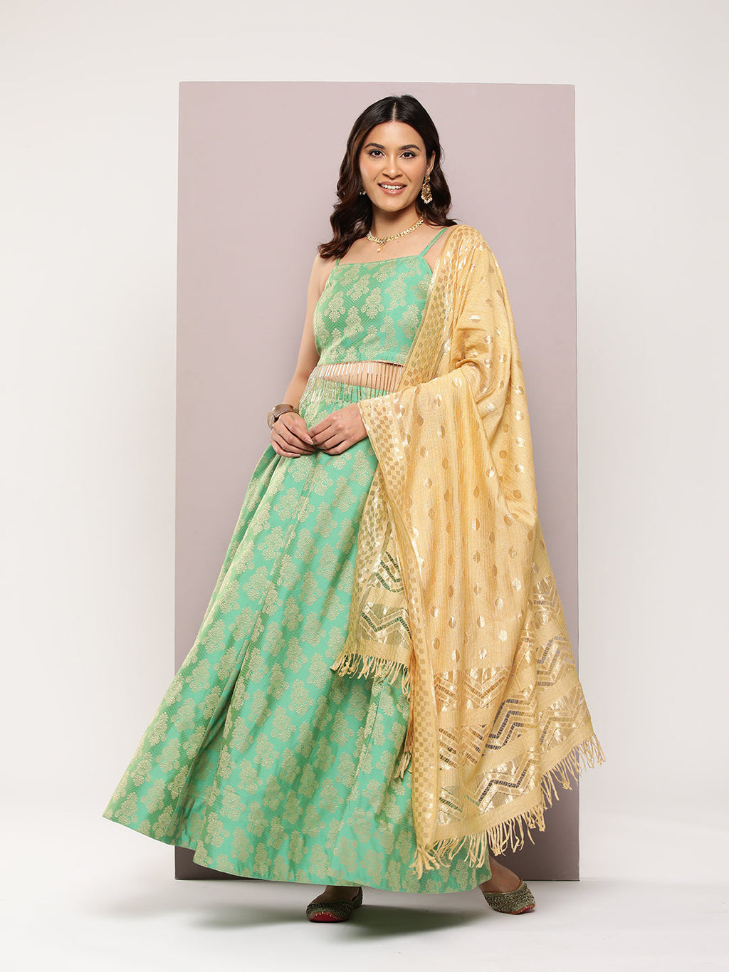 Jompers Women's Cutdana emblished Jacqard Lehenga Choli with dupatta - Green | Grocsy