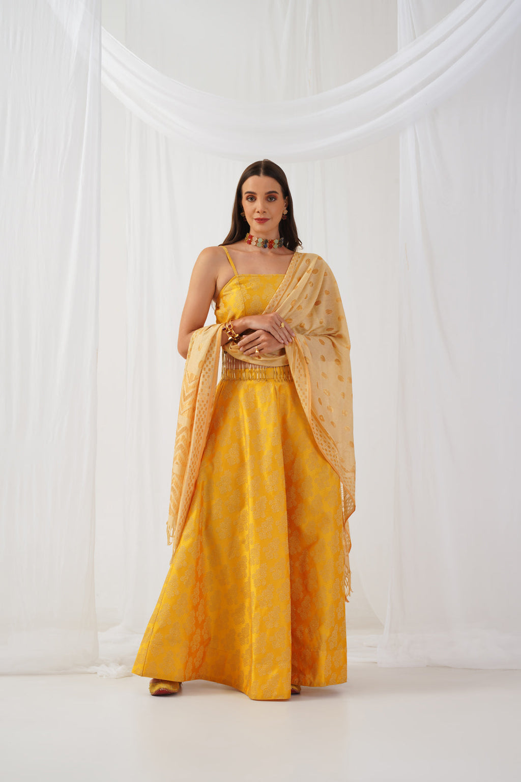 Jompers Women's Yellow Beads & Stones Ready to Wear Lehenga & Blouse With Dupatta | Grocsy