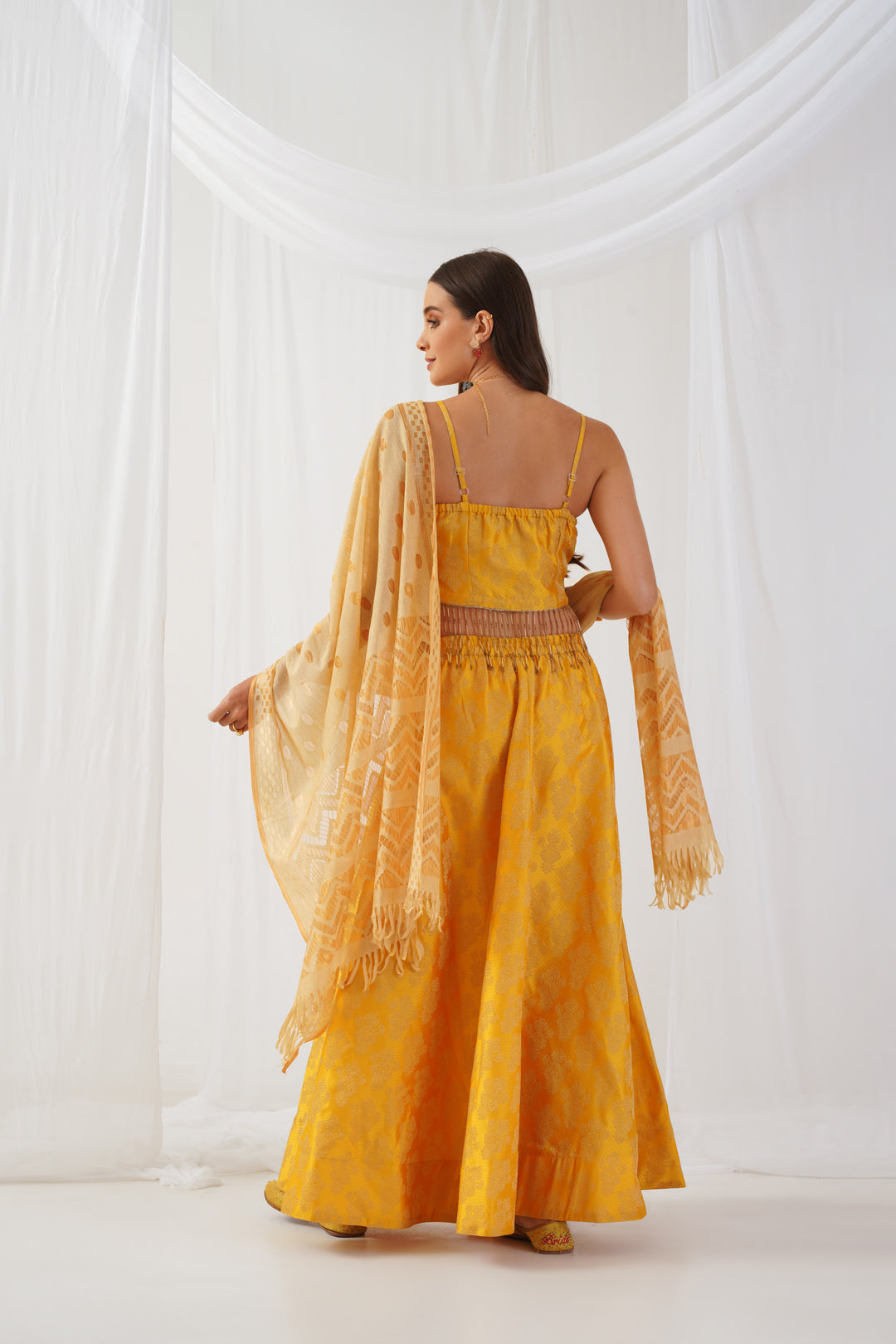 Jompers Women's Yellow Beads & Stones Ready to Wear Lehenga & Blouse With Dupatta | Grocsy
