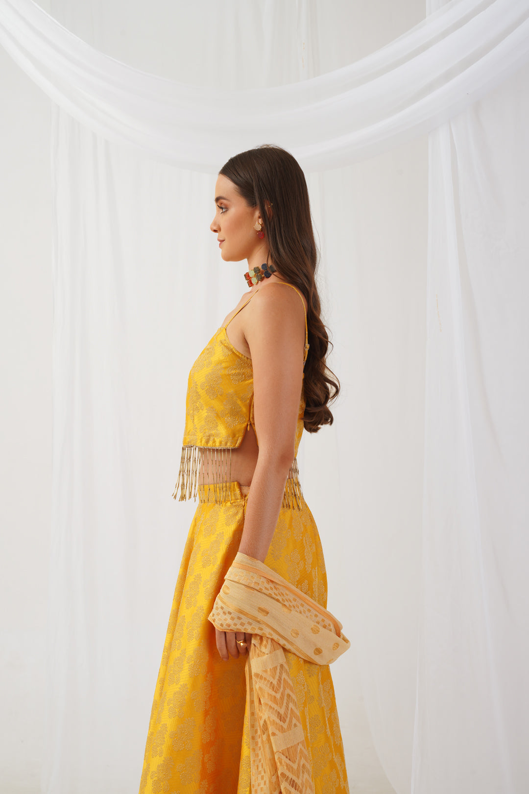 Jompers Women's Yellow Beads & Stones Ready to Wear Lehenga & Blouse With Dupatta | Grocsy