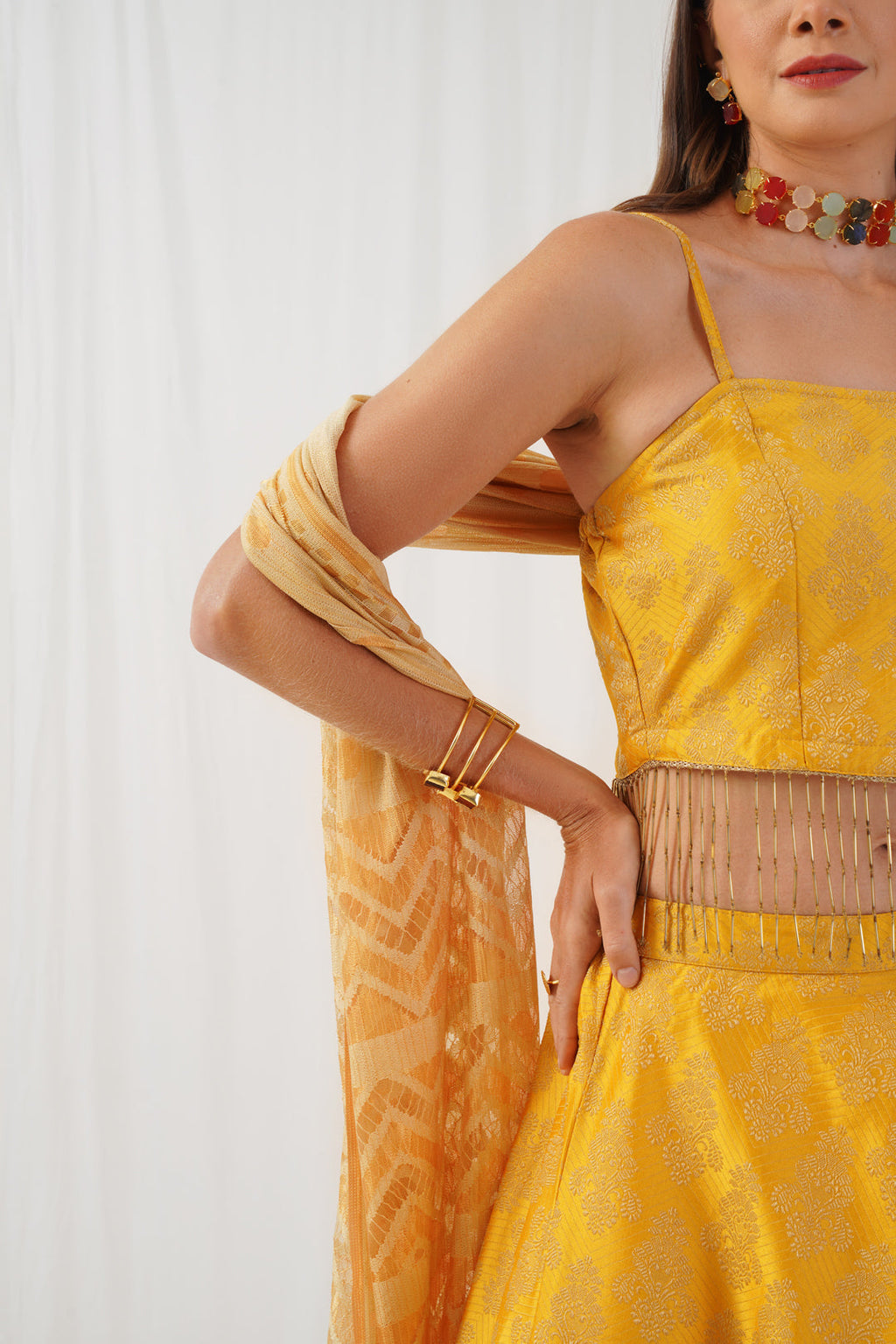 Jompers Women's Yellow Beads & Stones Ready to Wear Lehenga & Blouse With Dupatta | Grocsy
