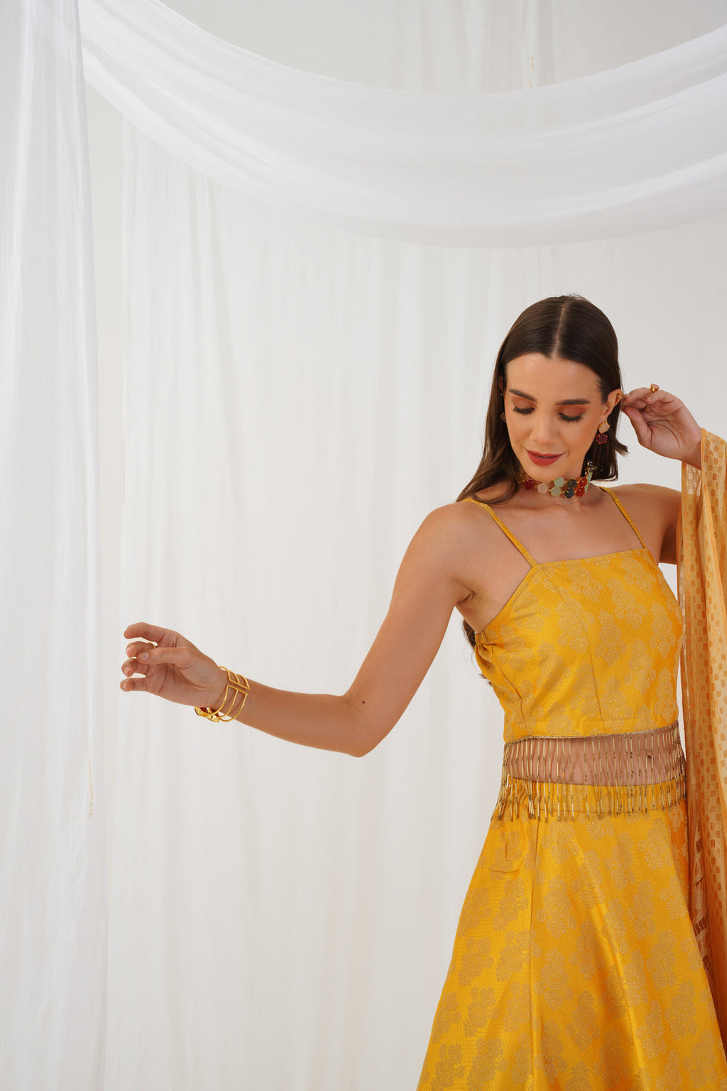 Jompers Women's Yellow Beads & Stones Ready to Wear Lehenga & Blouse With Dupatta | Grocsy