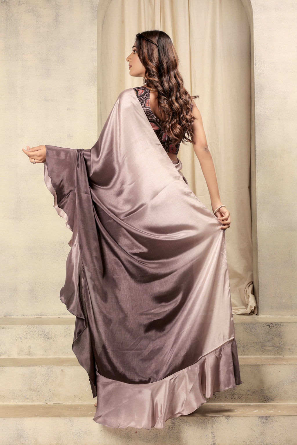 Wine Satin Solid Designer, Printed Party Wear Ready To Wear Saree - Nasreen | Grocsy