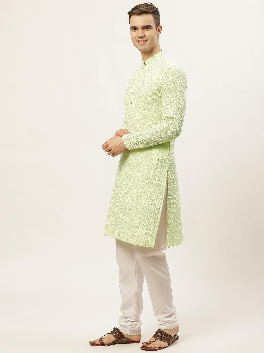 Jompers Men's Green Embroidered Kurta Only | Grocsy