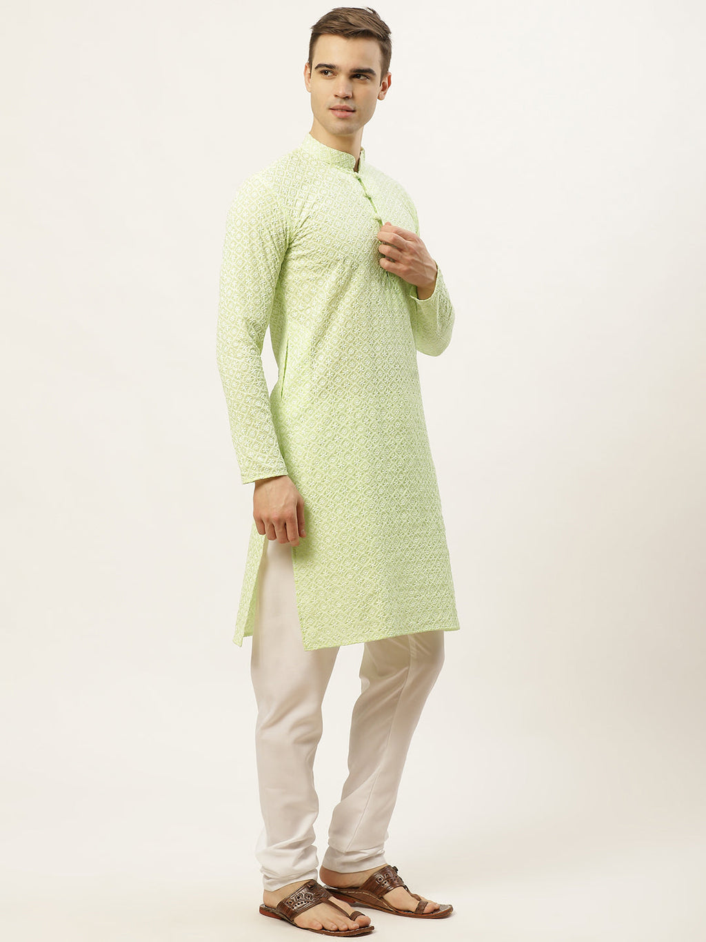 Jompers Men's Green Embroidered Kurta Only | Grocsy