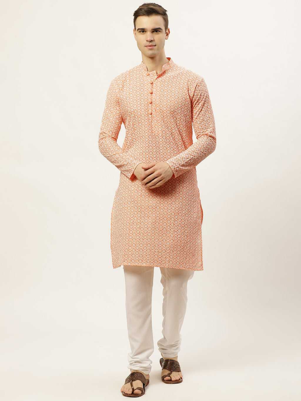 Jompers Men's Orange Embroidered Kurta Payjama Sets | Grocsy