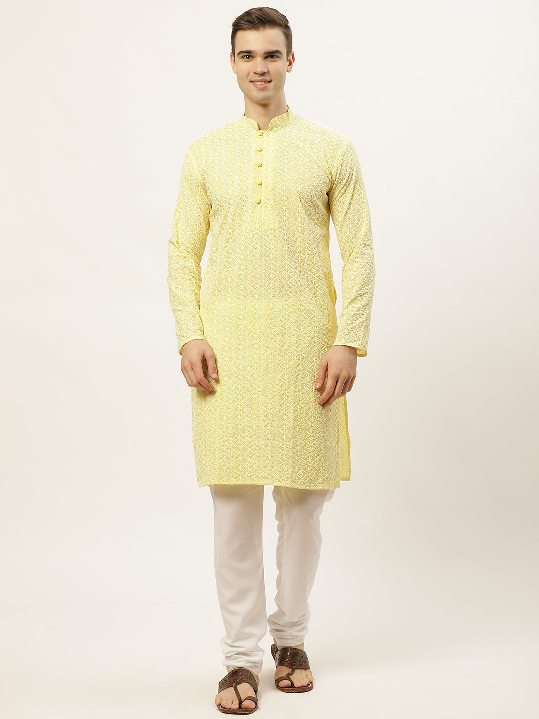 Jompers Men's Yellow Embroidered Kurta Only | Grocsy