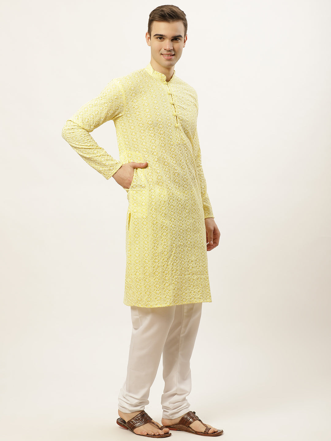 Jompers Men's Yellow Embroidered Kurta Only | Grocsy