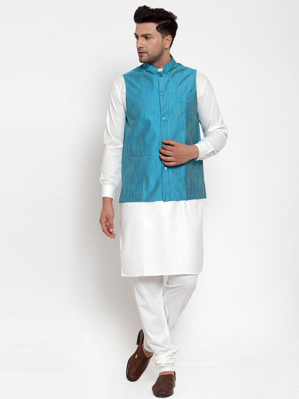 Jompers Men's White Solid Kurta with Pyjamas & Blue Nehru Jacket (Blue-W) | Grocsy