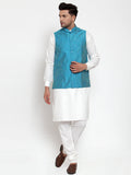 Jompers Men's White Solid Kurta with Pyjamas & Blue Nehru Jacket (Blue-W) | Grocsy