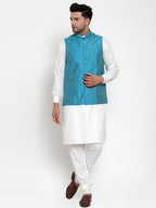 Jompers Men's White Solid Kurta with Pyjamas & Blue Nehru Jacket (Blue-W) | Grocsy