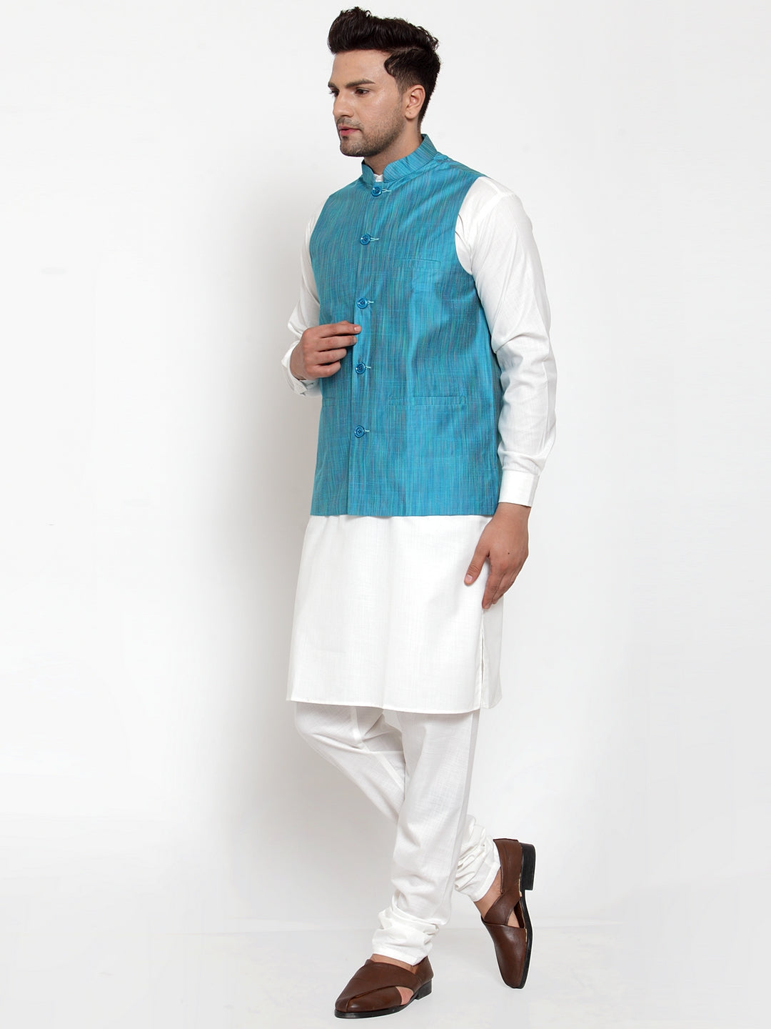 Jompers Men's White Solid Kurta with Pyjamas & Blue Nehru Jacket (Blue-W) | Grocsy