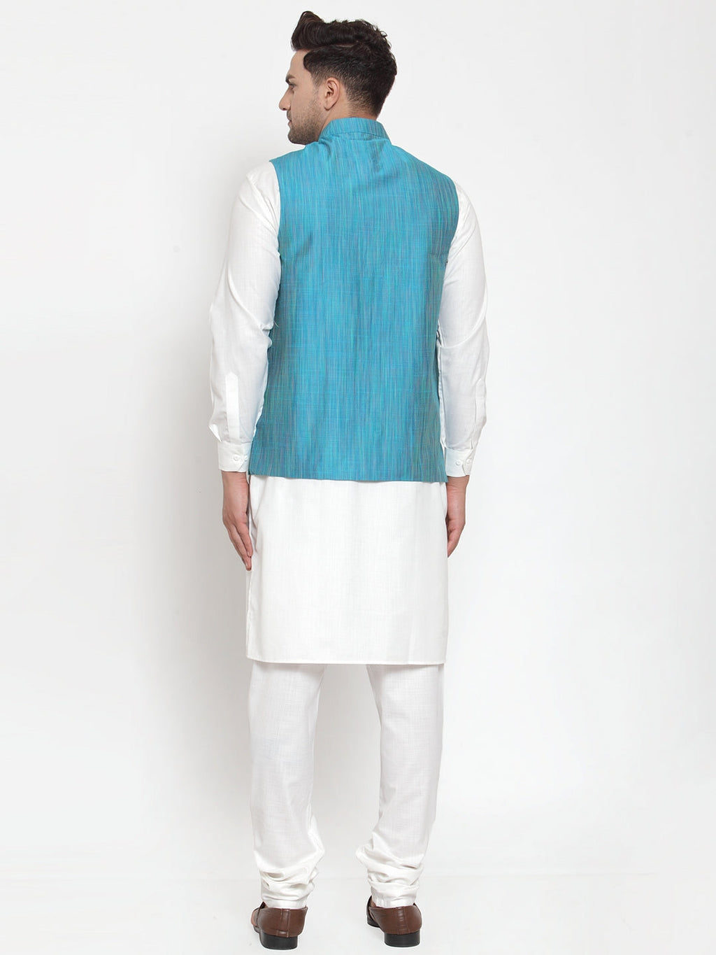 Jompers Men's White Solid Kurta with Pyjamas & Blue Nehru Jacket (Blue-W) | Grocsy