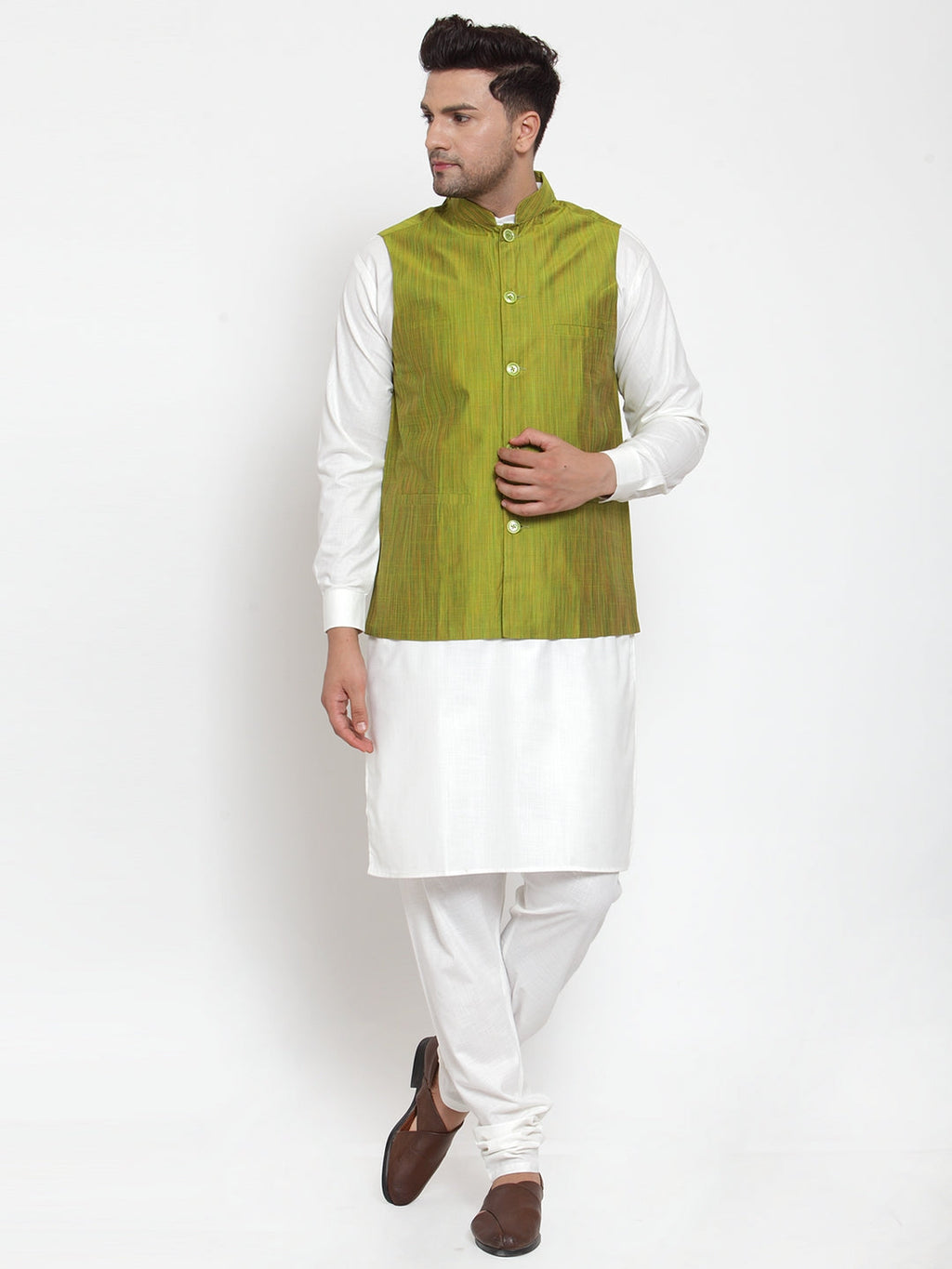 Jompers Men's White Solid Kurta with Pyjamas & Green Nehru Jacket | Grocsy